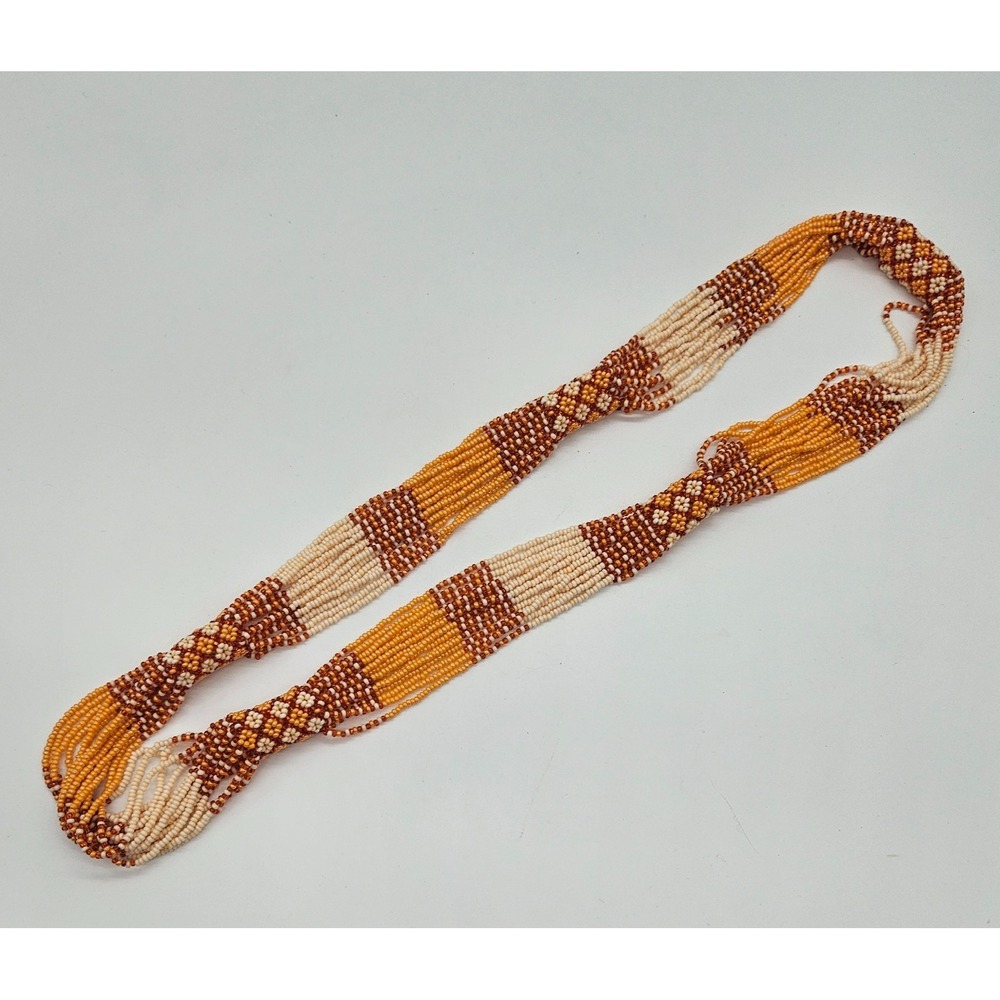 Long Beaded Necklace, Boho Style, Seed Bead Strands, Brown, Beige, Orange